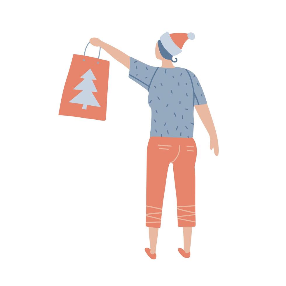 personaje de mujer joven sosteniendo ang dando bolsa de compras de regalo. elemento aislado a mano alzada. chica celebrando la navidad con sombrero de santa. ilustración dibujada a mano plana vectorial. solo 5 colores - fácil de volver a colorear. vector