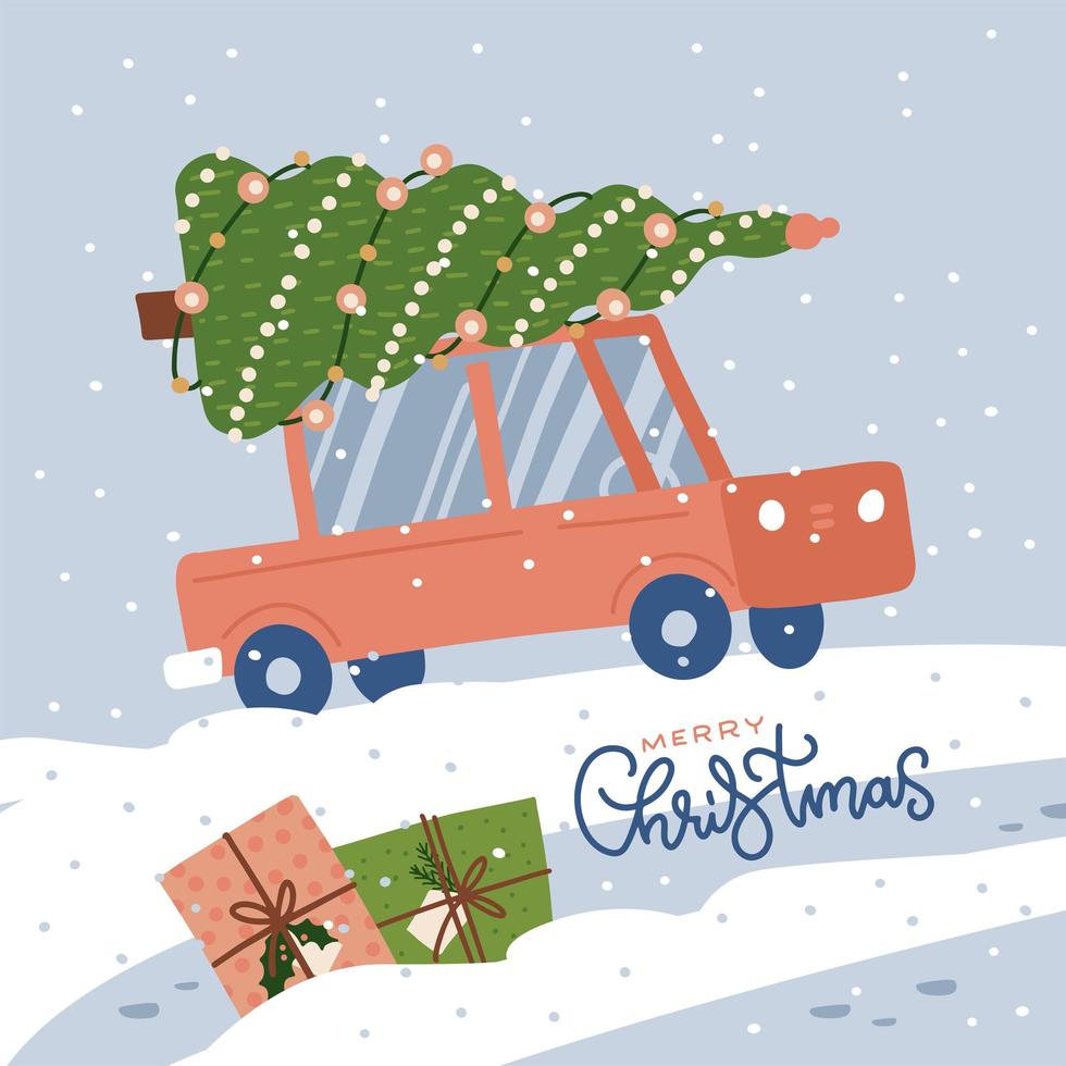 coche rojo con un árbol de navidad en el techo conduciendo por una carretera nevada y un ventisquero. tarjeta de felicitación con cajas de regalo y texto de letras. ilustración de vector plano dibujado a mano