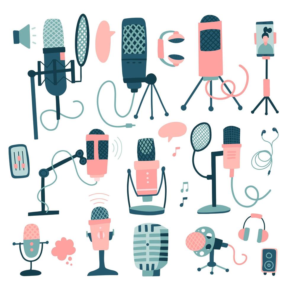 Gran set de micrófonos y dictáfonos. equipo electrónico y grabador de micrófono de icono dibujado a mano, dictáfono de dispositivo, tecnología de audio. ilustración vectorial plana aislada en blanco vector