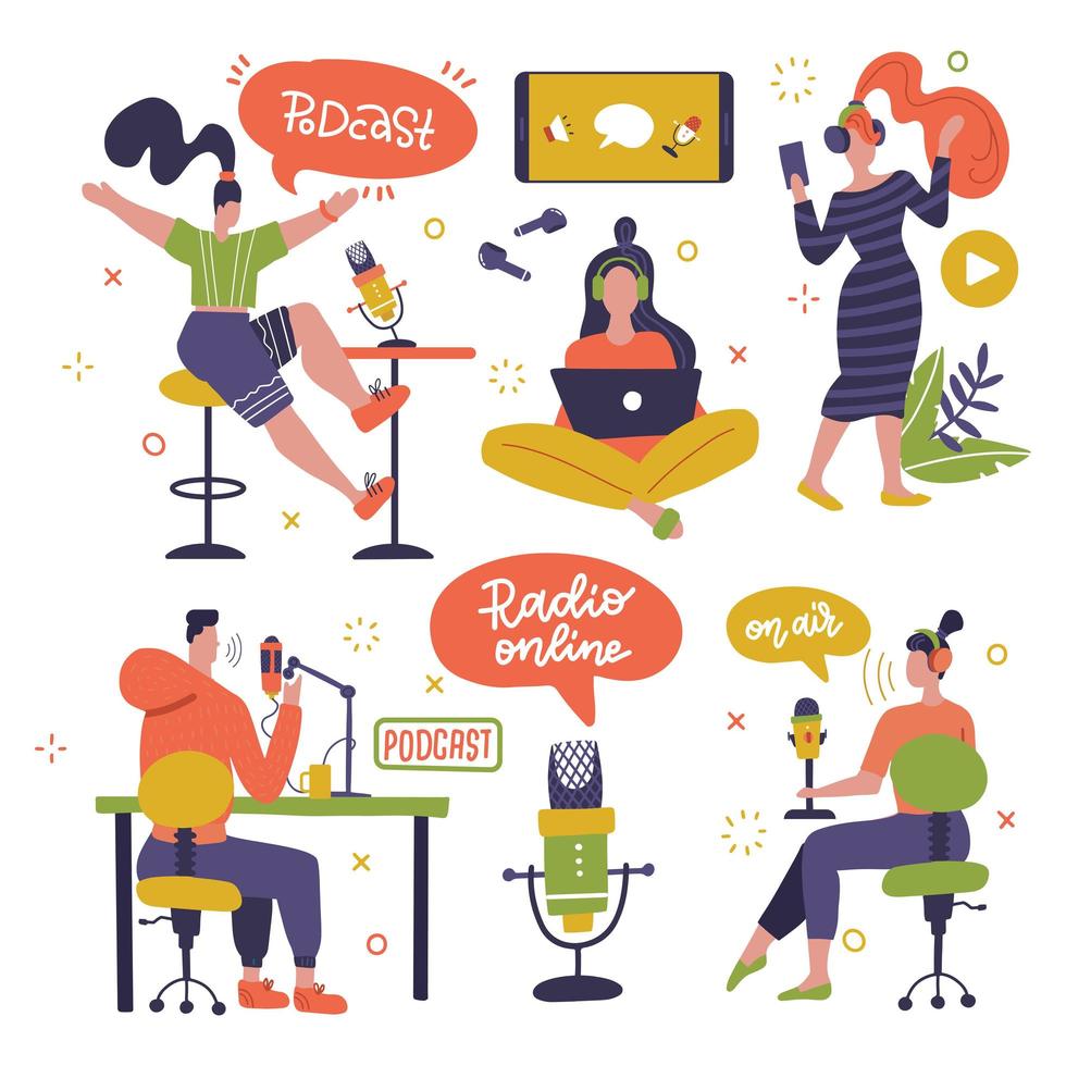 Podcast recording and listening set. People making online radio stream content and listening with headphones. Isolated flat vector illustration. Speach bubble with lettering