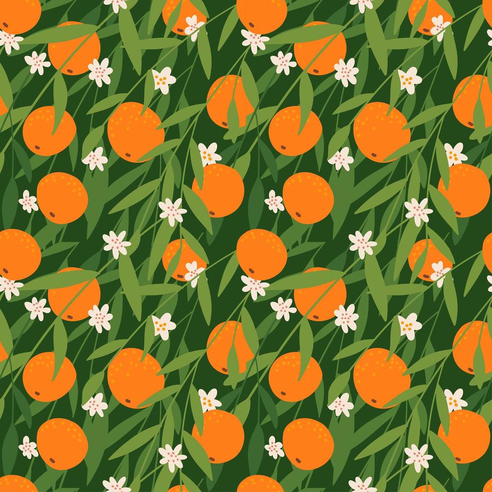 Patrón transparente de fruta naranja en estilo plano. diseño de rama de cítricos en flor. ilustración de vector plano de fruta sin recoger para diseño de tela o papel tapiz.