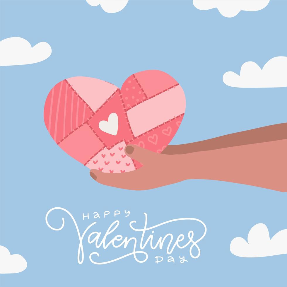 Hands giving red patchwork heart. Vector flat retro illustration. Holding heart in hands. Sky with clouds backfround. Symbol of charity, love, sincerity. Valentine s day greeting card.