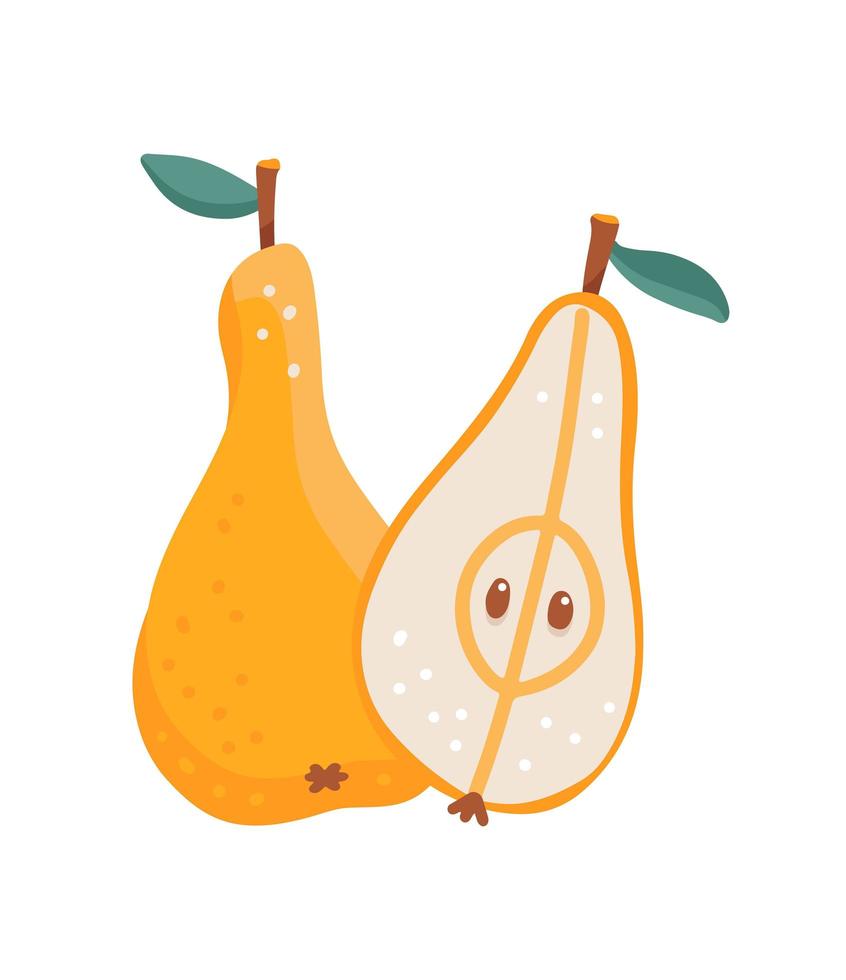 Pear Fresh Yellow Fruit - Full And Half. Flat cartoon hand drawn vector Illustration isolated on white.