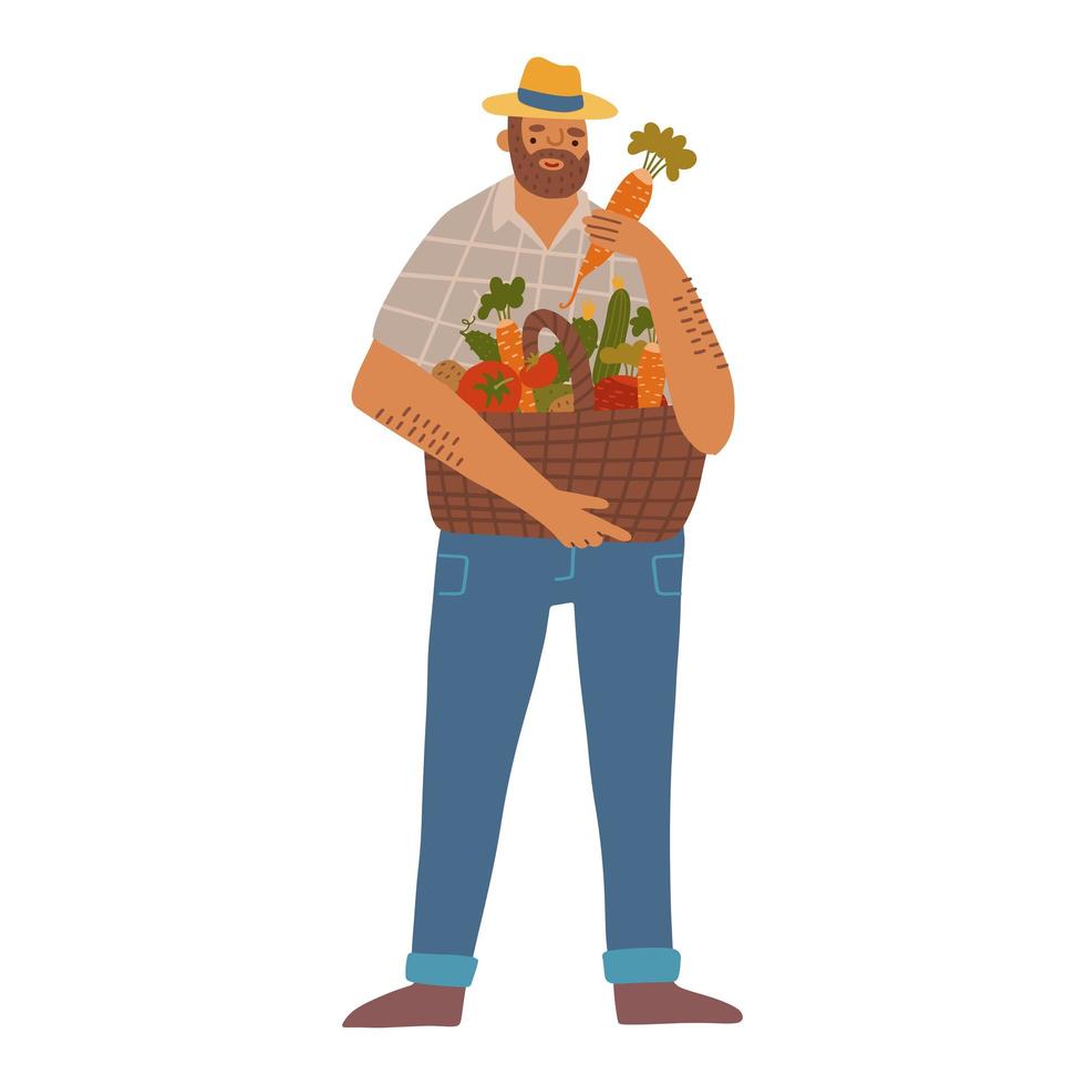 jardinero con sombrero sosteniendo una cesta llena de verduras. ilustración plana dibujada a mano. granjero feliz y su cosecha concepto aislado. vector