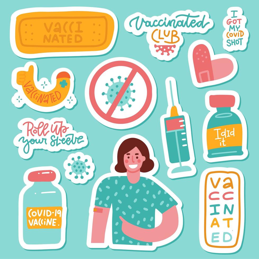 Coronavirus vaccination stickers set. I did it, Vaccinated club, Roll up your sleeve, Syringe, viel, patch . Cute hand drawn Vector illustration. Motivational, inspirational lettering quotes.