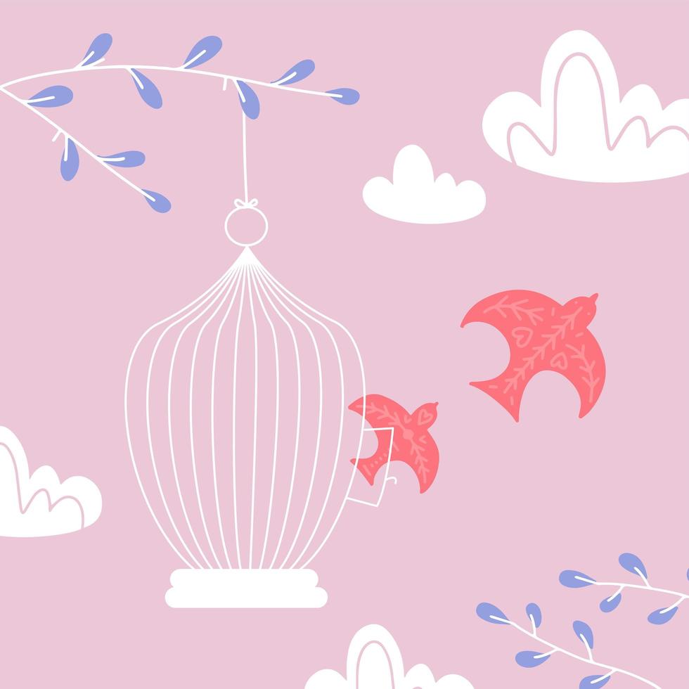concepto de libertad tarjeta del día de san valentín. pájaros fuera de las jaulas. fondo floral romántico en colores rosas. pájaros de primavera volando en la rama. ilustración vectorial plana. vector