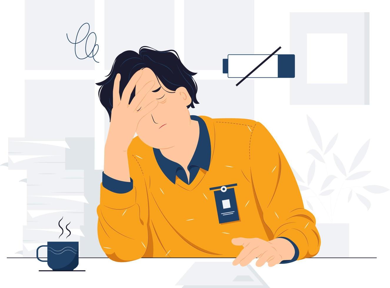 frustrado empleado masculino cansado después de trabajar tocando su cabeza, sintiéndose absolutamente estresado y agotado debido al exceso de trabajo, fecha límite, ilustración del concepto de cansancio vector