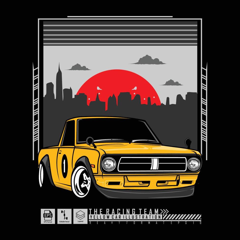 ilustración de coche amarillo con fondo negro.eps vector