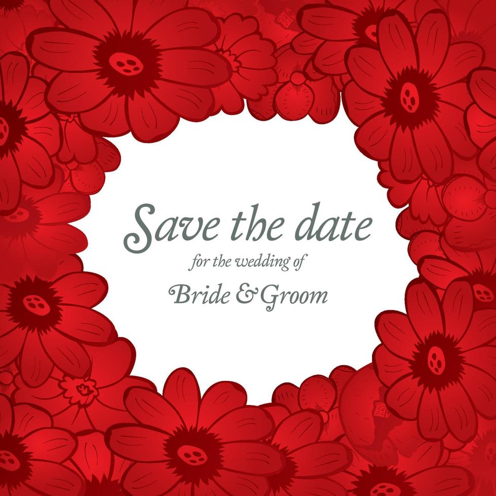 Save the date wedding invite card template with red flowers. vector