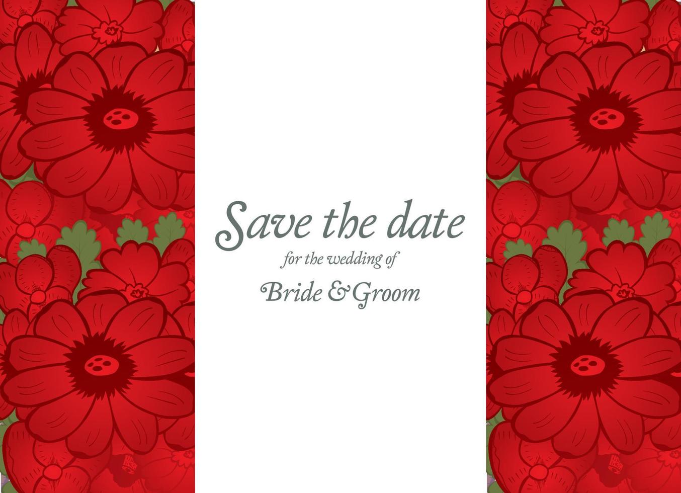 Save the date wedding invite card template with red flowers. vector
