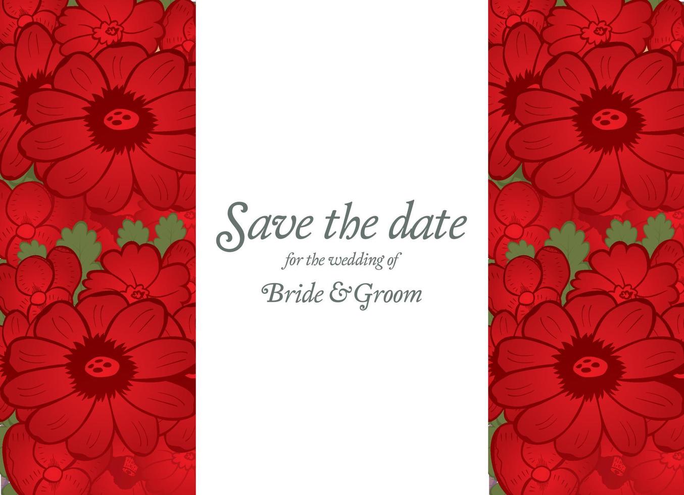 Save the date wedding invite card template with red flowers. vector