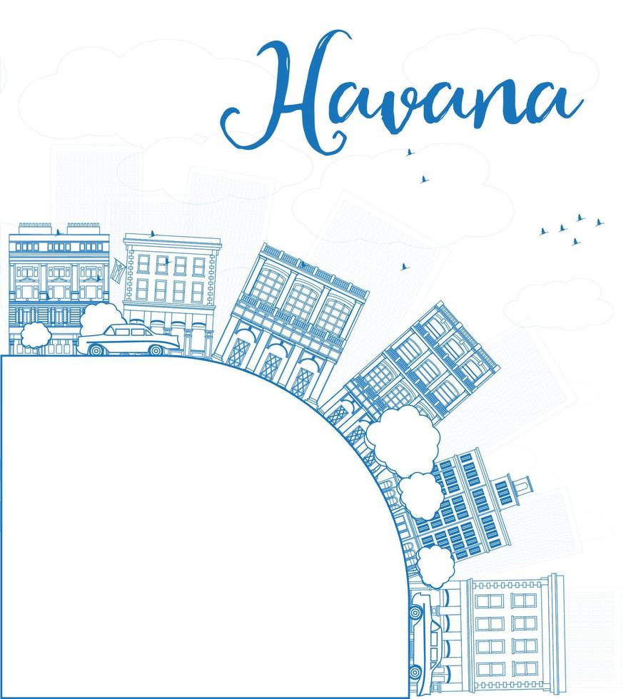 esbozar el horizonte de la habana con edificio azul y espacio de copia. vector