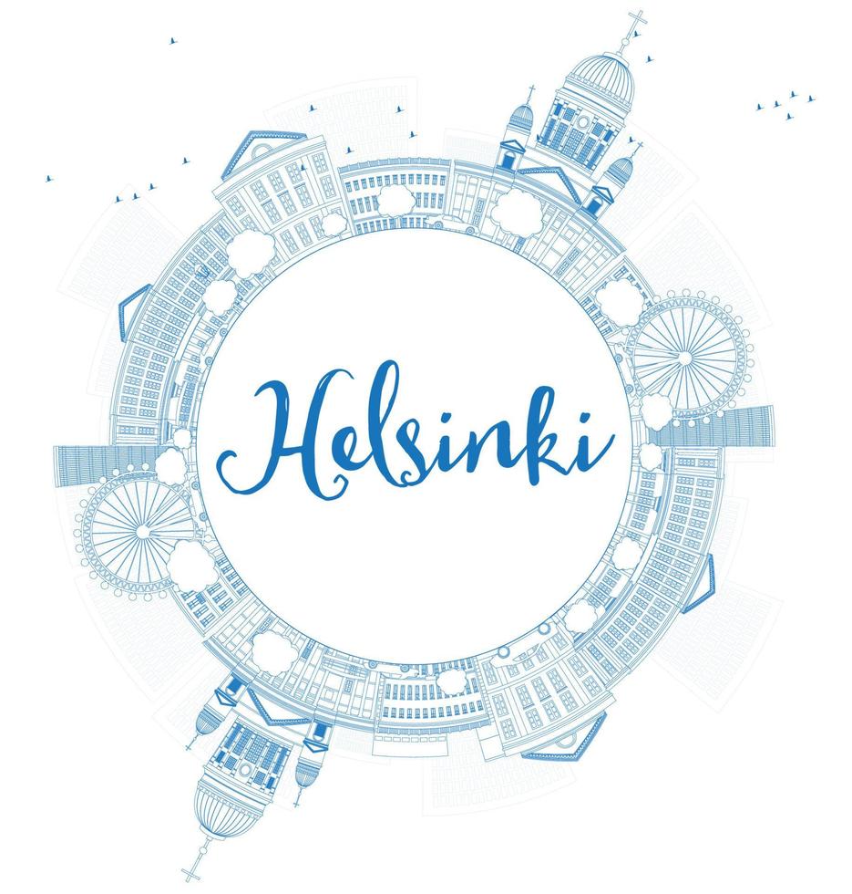 Outline Helsinki skyline with blue buildings and copy space. vector