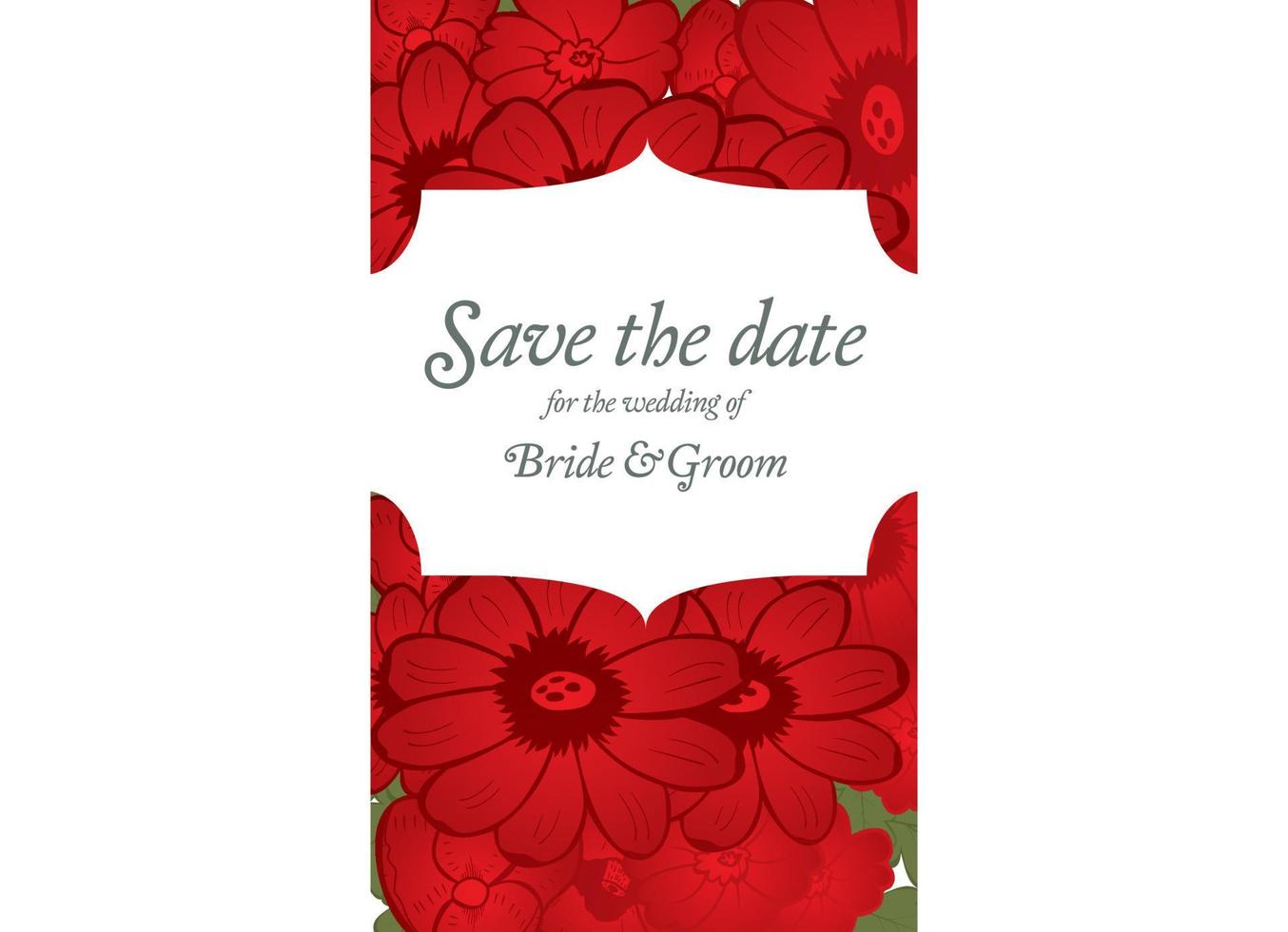 Save the date wedding invite card template with red flowers. vector