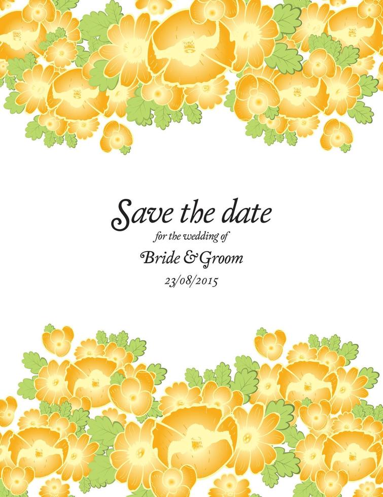 Save the date wedding invite card template with golden flowers. vector