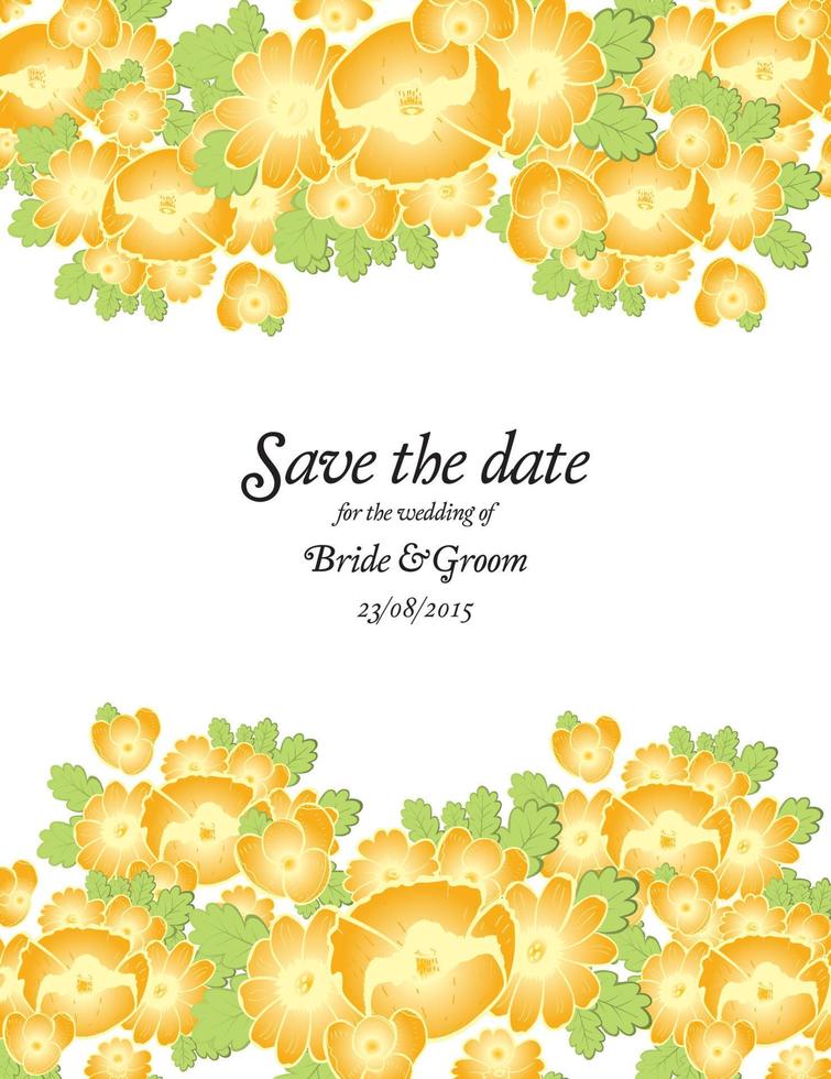 guarde la fecha plantilla de tarjeta de invitación de boda con flores doradas. vector