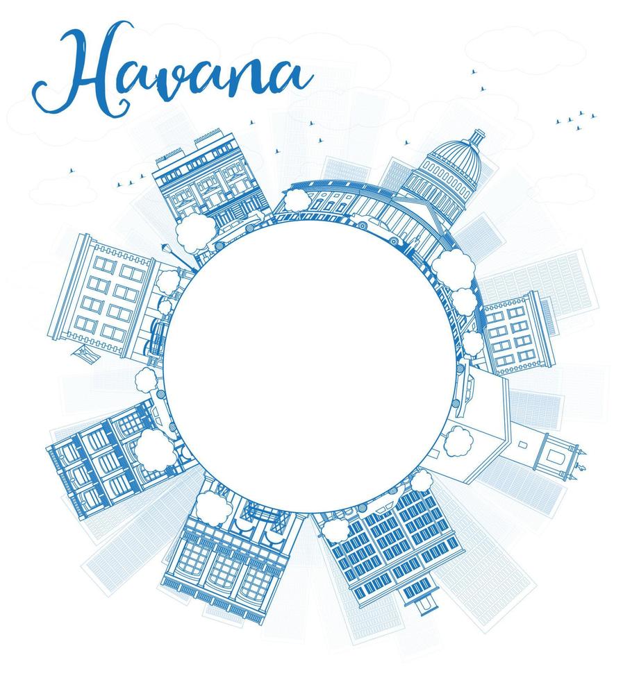 Outline Havana Skyline with blue Building and copy space. vector