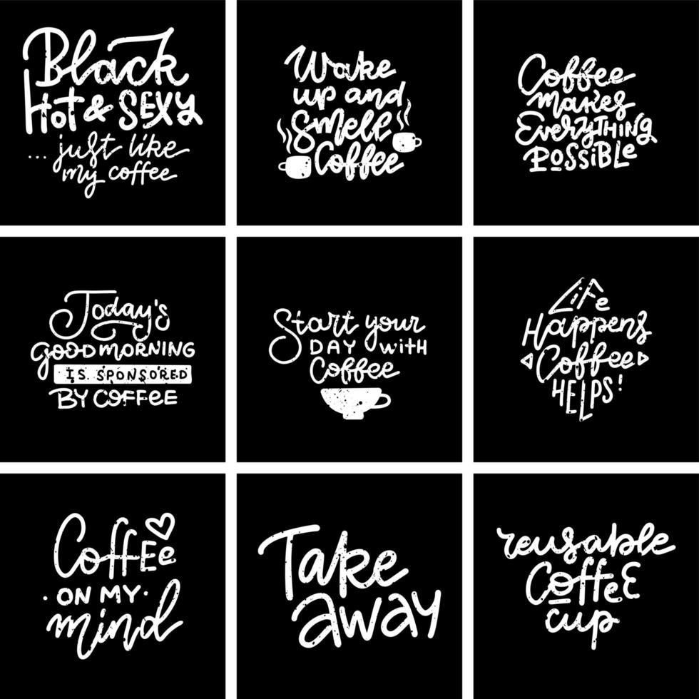 conjunto de letras de café con citas para impresiones y carteles, diseño de menú, invitación y tarjetas de felicitación. conceptos texturizados en pizarra negra. vector