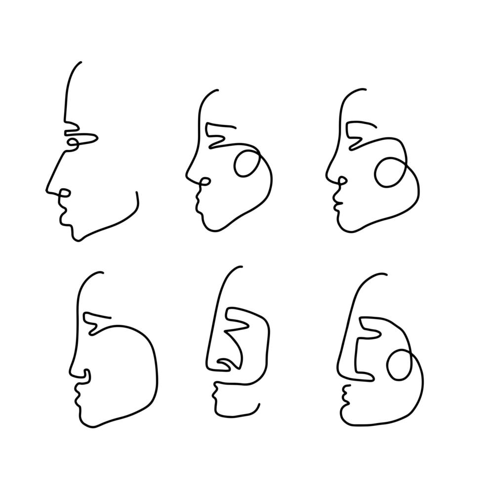 Abstract one line face profile collection. Aesthetic female heads set. Modern linear design illustration, element for logo design. Linear vector illustration.