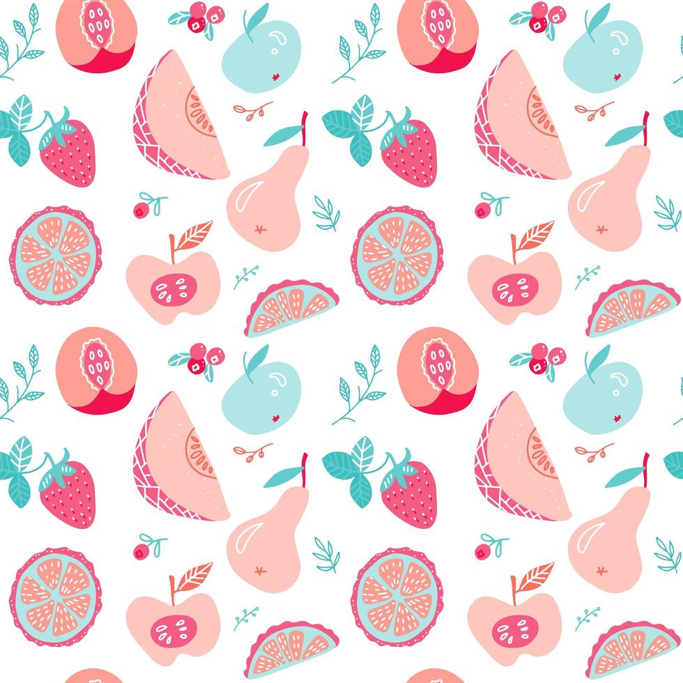 Fruit and berry tea seamless pattern. Background design for juice, tea, ice cream,natural cosmetics, sweets, pastries filled with fruit, dessert menu, health care products. Vector doodle illustration