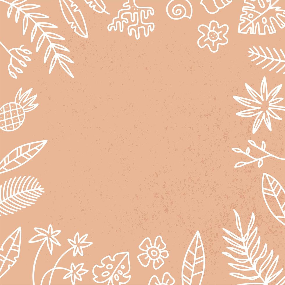 Vector Frame with Exotic Palm Leaves and flowers. Hand Drawn Recipe or Menu, social media Background. White linear illustration in doodle Style on sand textured background
