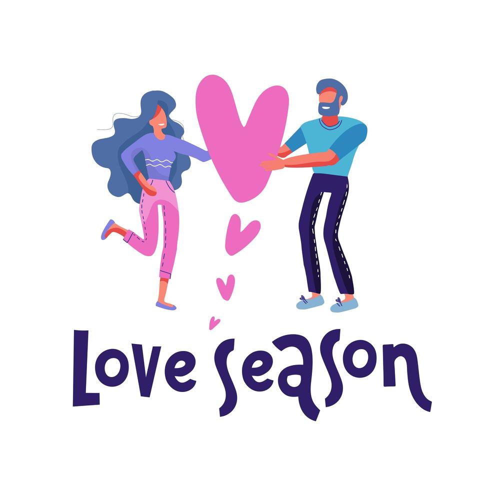 Sweetheart gift giving concept - young couple with big heart. Valentine s day card. Man giving love to his woman. isolated flat hand drawn vector illustration with lettring quote Love season