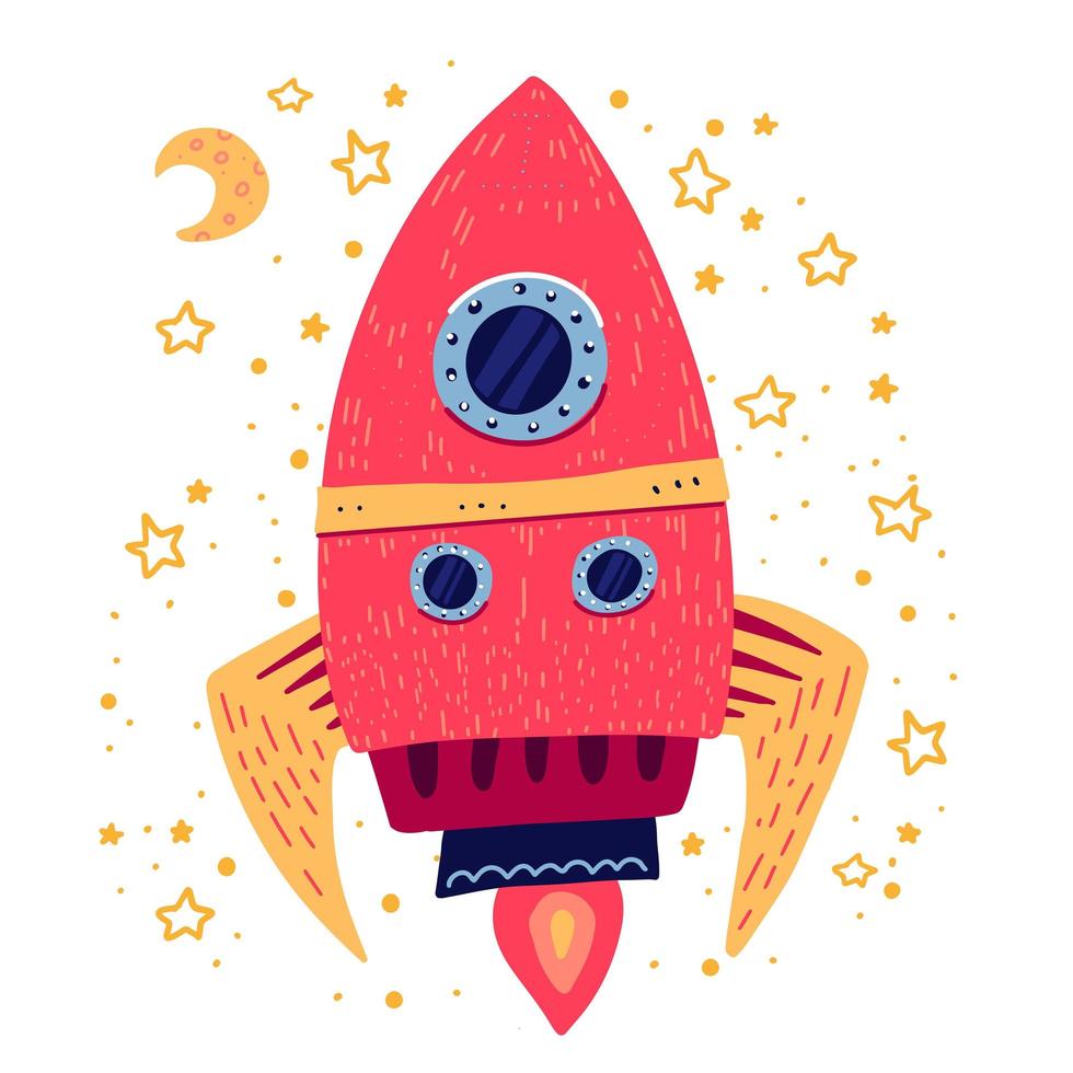 Hand drawn cartoon rocket. Childish doodle space icon with moon and stars. vector