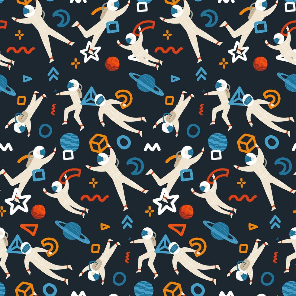 Seamless pattern with abstract shapes and Astronauts in a white suit in the universe. Vector flat hand drawn illustration.