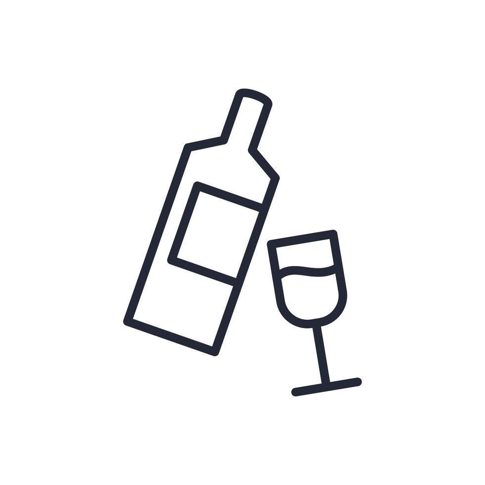 elegante icono de línea delgada de una botella de vino y una copa sobre un fondo blanco - vector