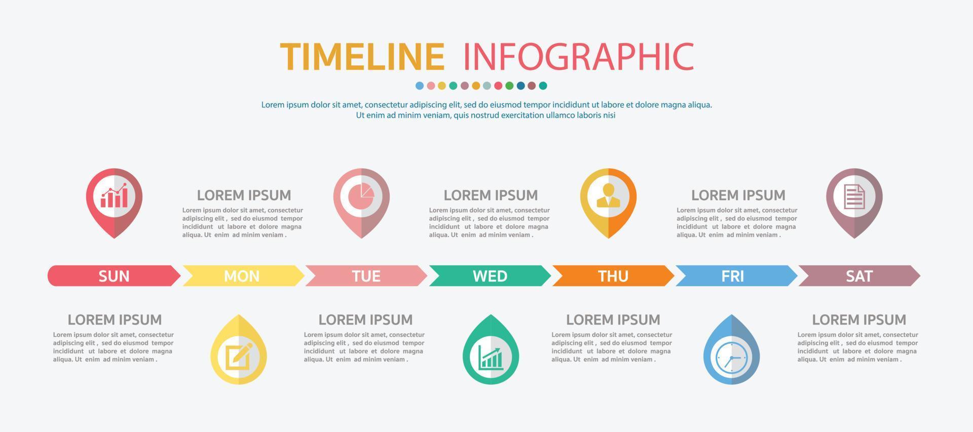 plantilla de línea de tiempo horizontal con 7 días, infografía de línea de tiempo. infografía de línea de tiempo semanal. vector