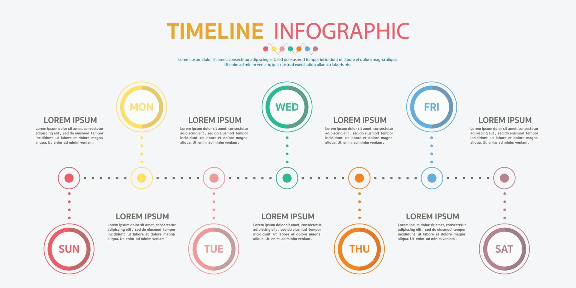 Horizontal timeline template with 7 day,Timeline infographic.Weekly timeline infographic. vector
