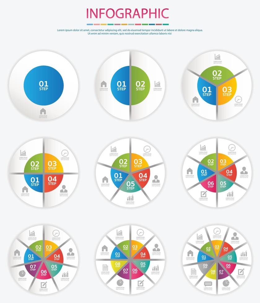 conjunto de círculos infográficos vectoriales. concepto de negocio con 2,3,4,5,6,7,8,9 opciones, pasos o procesos. vector