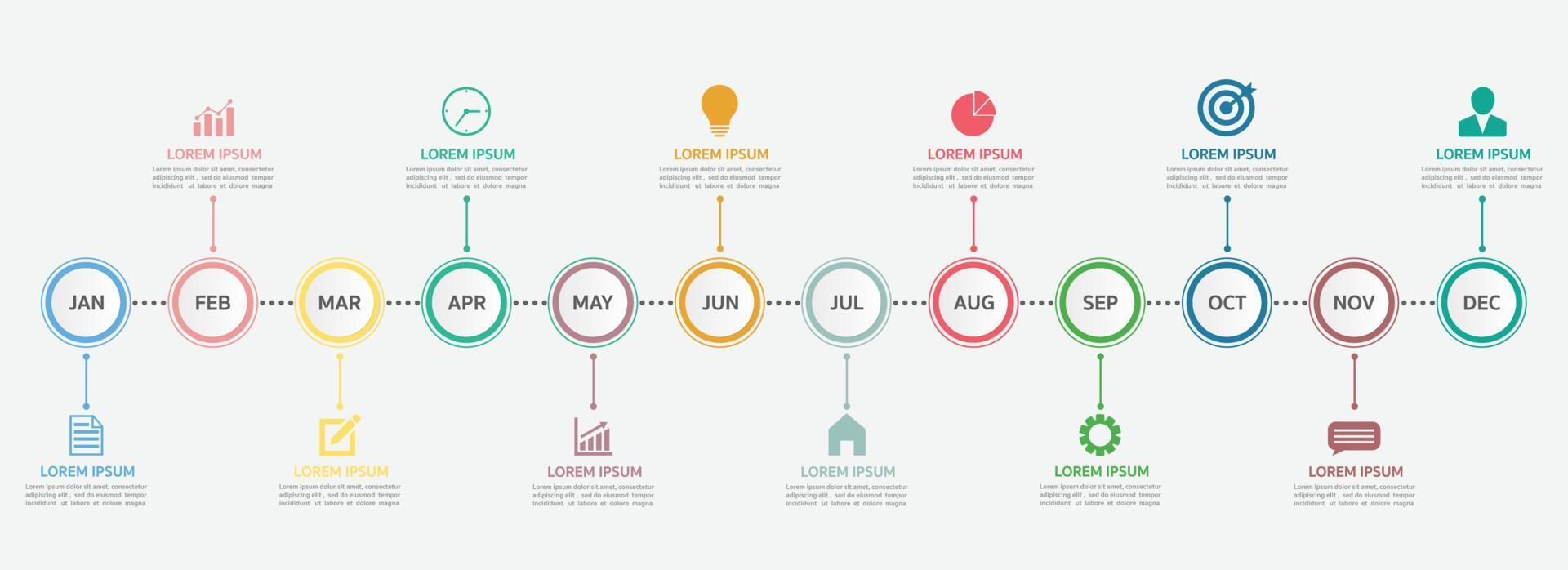 Timeline for 12 months, Infographic template for business. vector