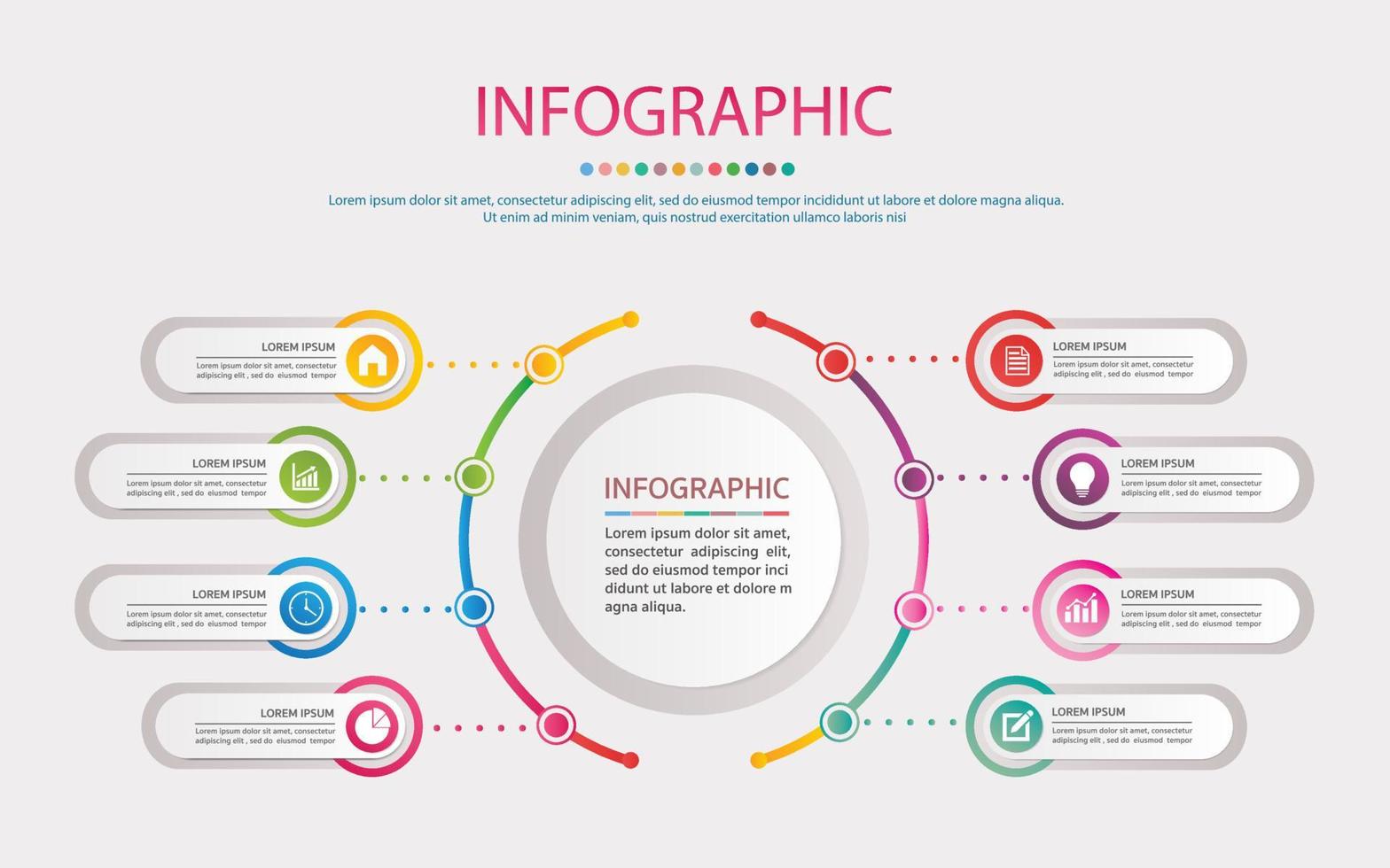 conjunto de círculos infográficos vectoriales. concepto de negocio con 8 opciones, pasos o procesos. vector