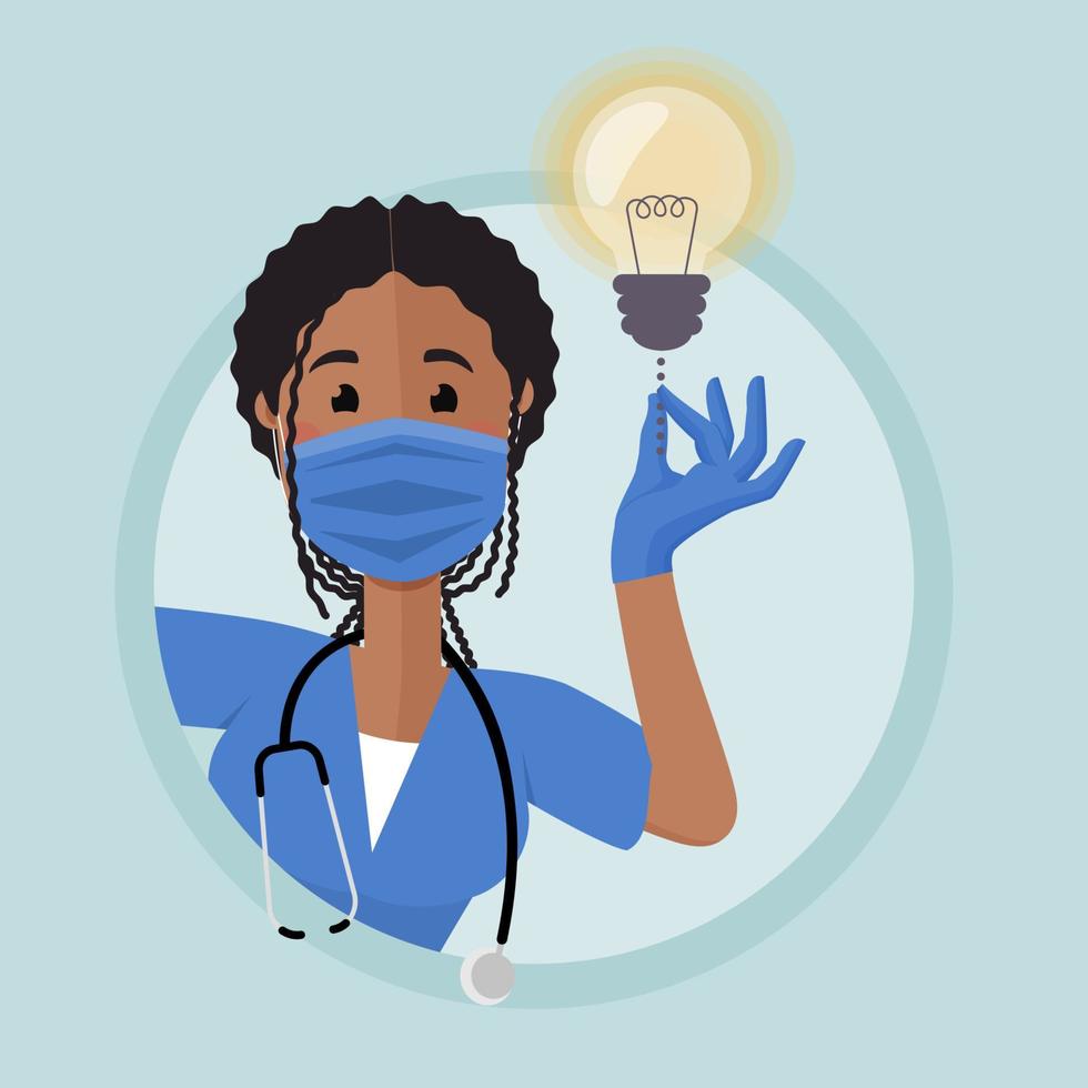 Woman doctor, African-American appearance. Looks out of the corner,pulls the lanyard of bulb.Light bulb lights up. The light bulb is an idea. The doctor gives hint, points to additional information. vector