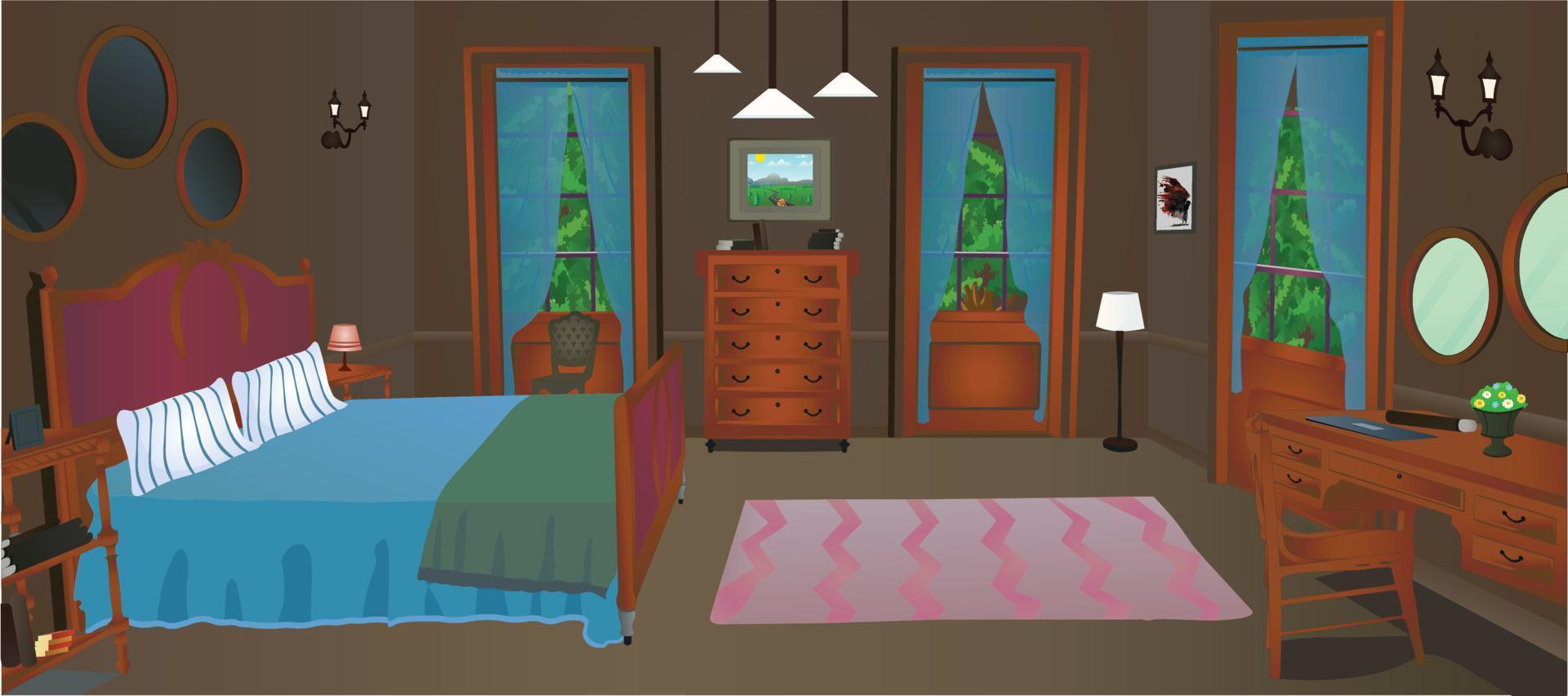 sala de estar interior con cama acogedora, muebles, etc., fondo de dibujos animados de ilustración vectorial. vector