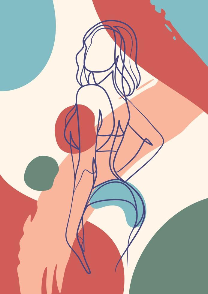 Continuous one line art poster of woman body in bikini vector