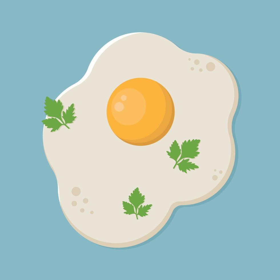 Fried egg isolated on blue background. Vector illustration in cartoon flat style.