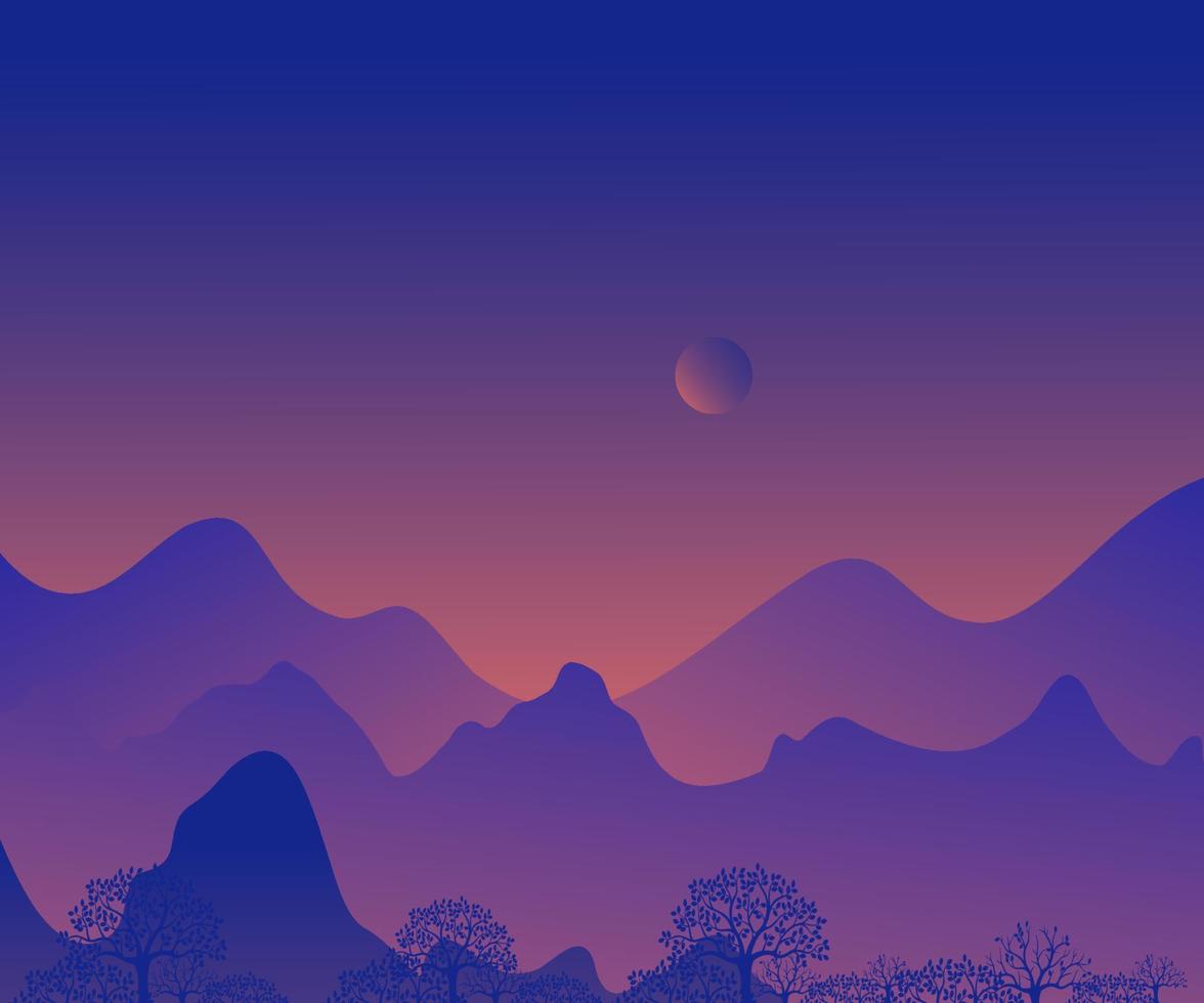 ilustración de silueta crepuscular matutina, paisaje con silueta azul de montañas y colinas altas con cielo nocturno naranja y luna vector