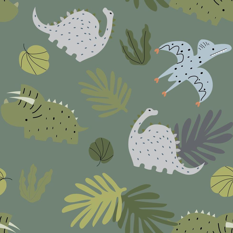 Green cute dinosaur seamless repeat pattern vector