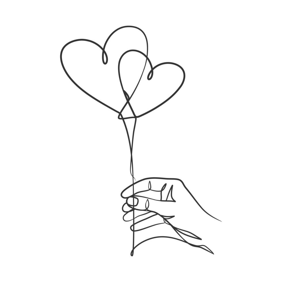 Continuous line drawing of hand holding heart balloon vector