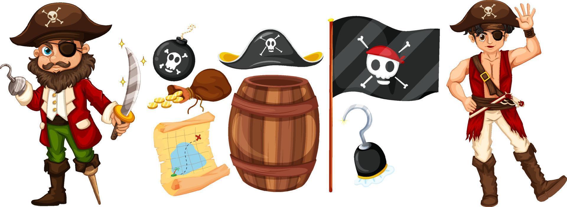 conjunto de personajes y objetos de dibujos animados piratas vector