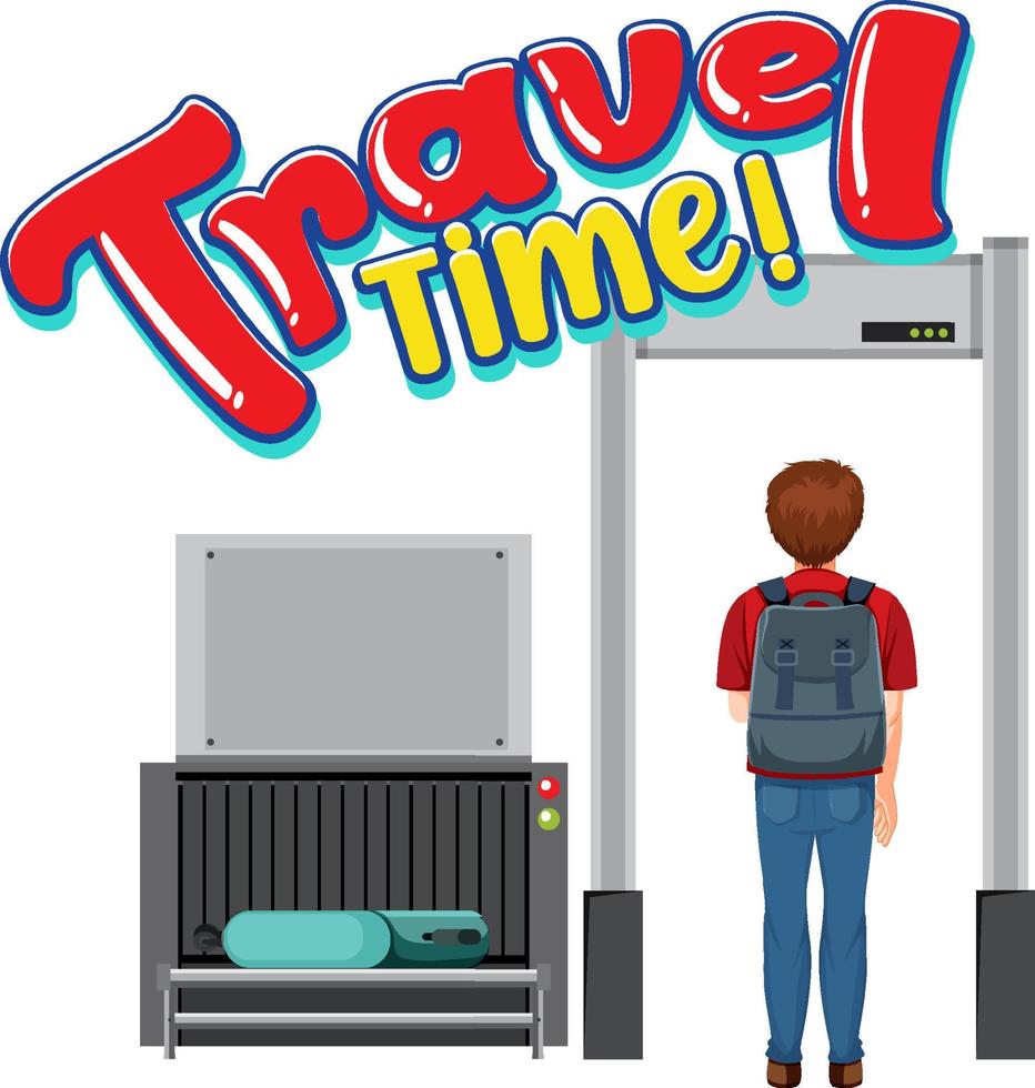 Travel Time typography design with passenger in cartoon style vector