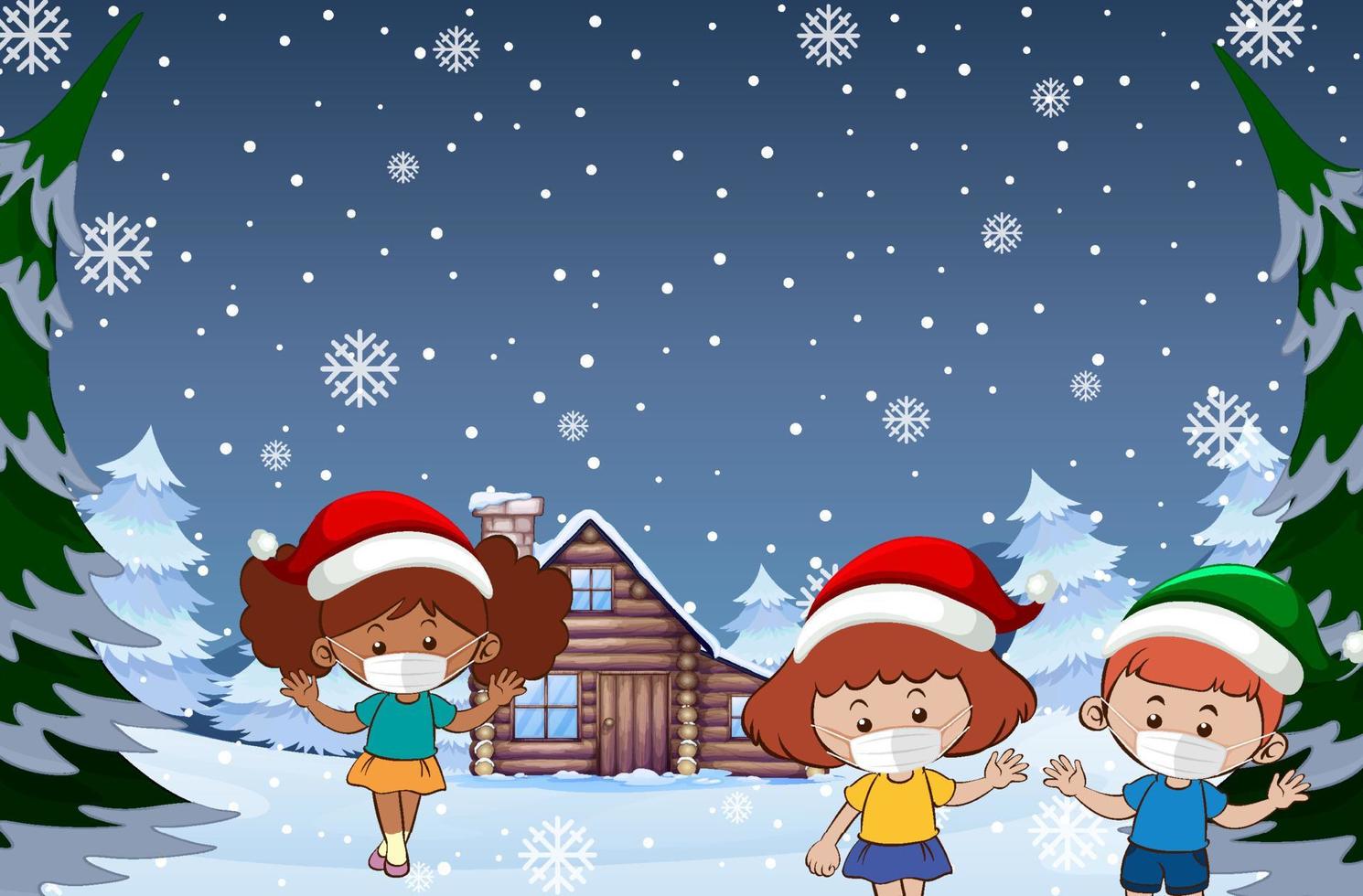 escena nocturna de navidad nevada con niños con máscaras vector