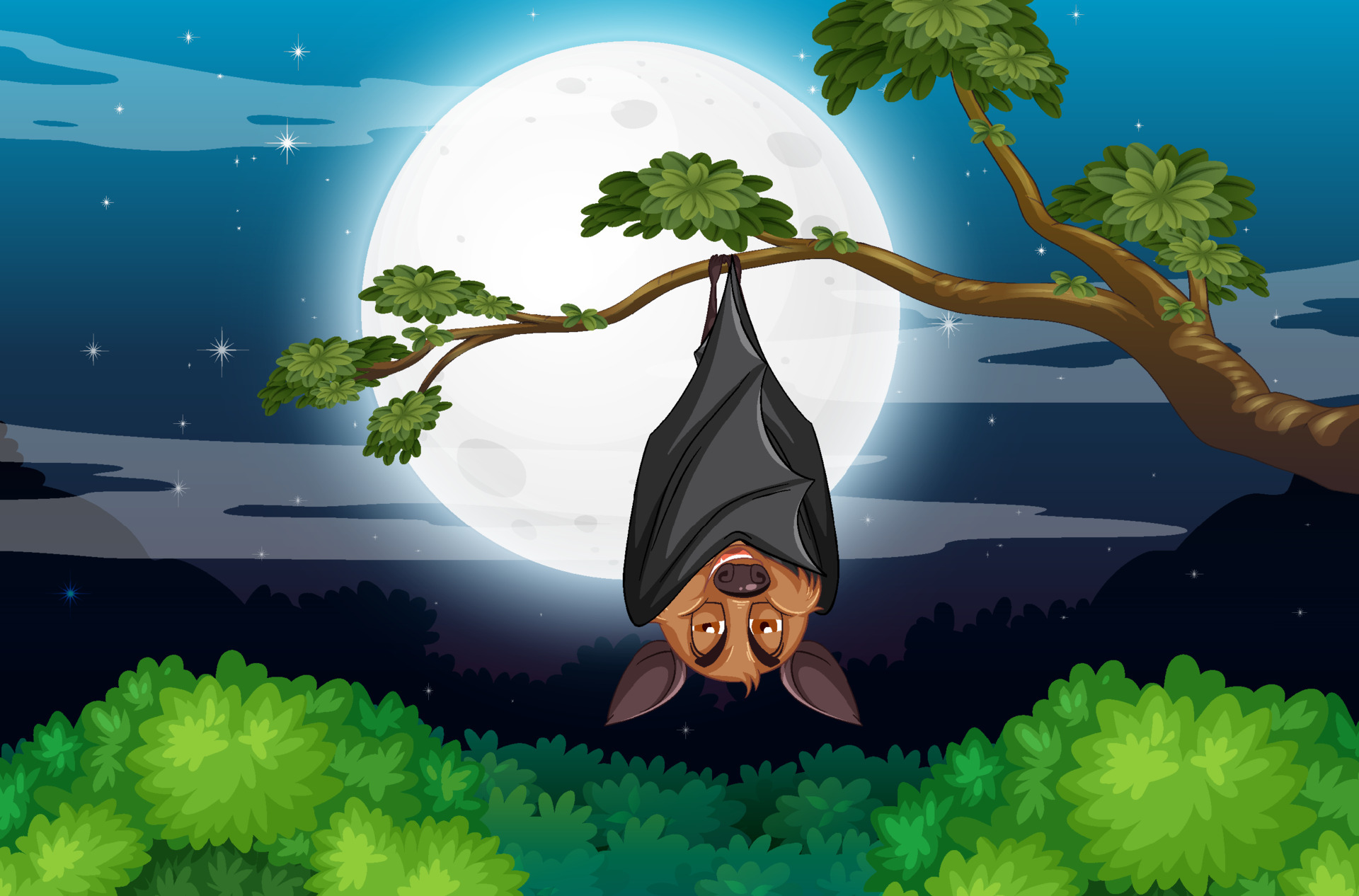 A bat hanging on tree at night scene 6033693 Vector Art at Vecteezy