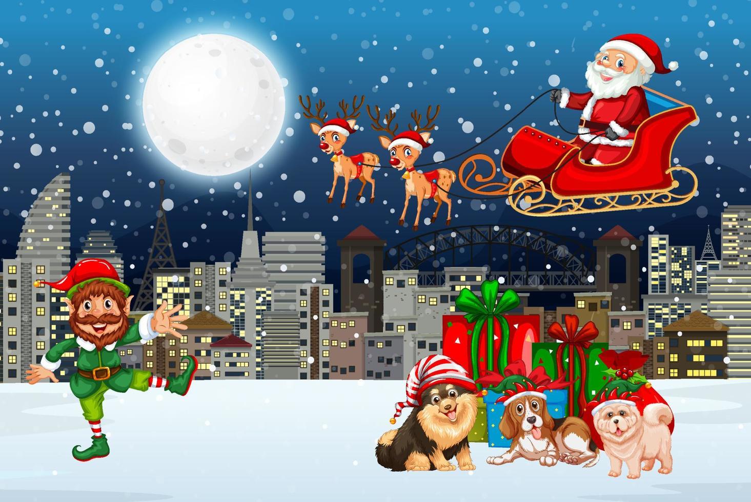 Snowy winter night with Santa Claus on sleigh and animals vector