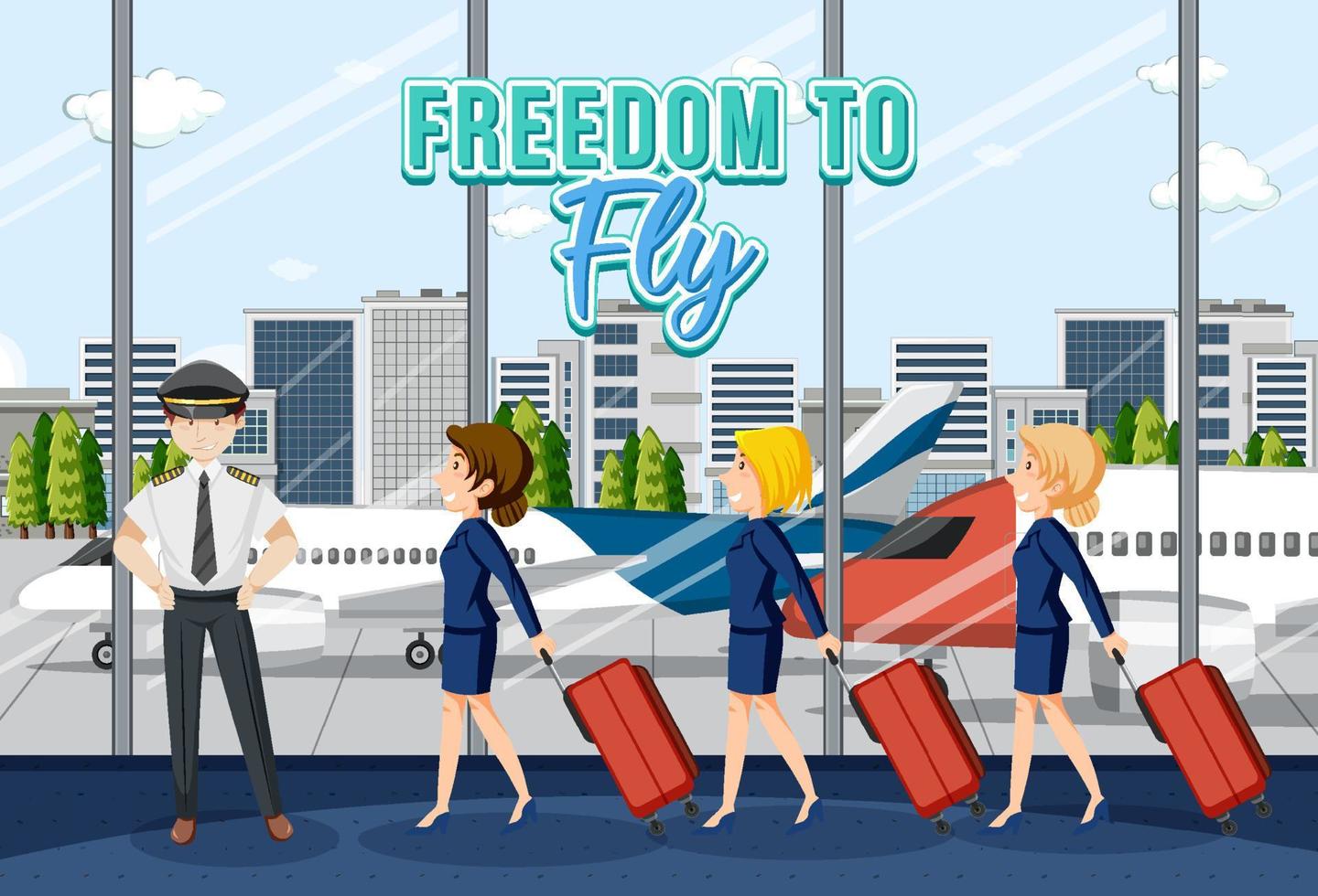 Terminal airport scene with aircrews in cartoon style vector