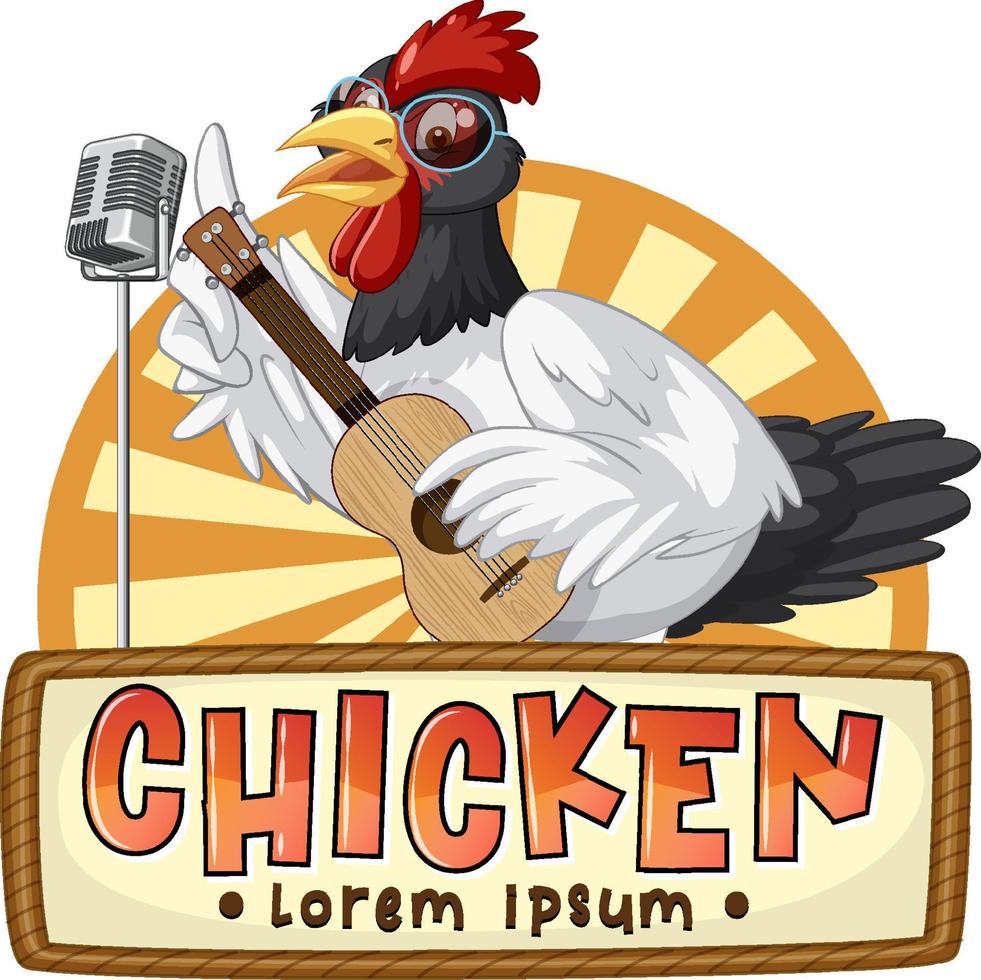 Chicken banner template with A chicken playing guitar cartoon character vector