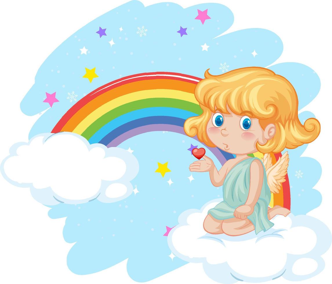 Angel girl on cloud with rainbow vector