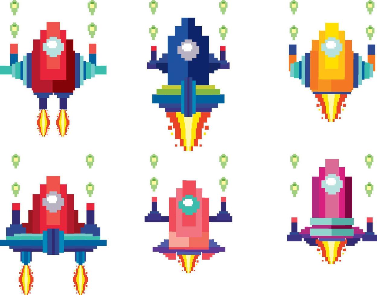 Set of pixel game spaceships isolated vector